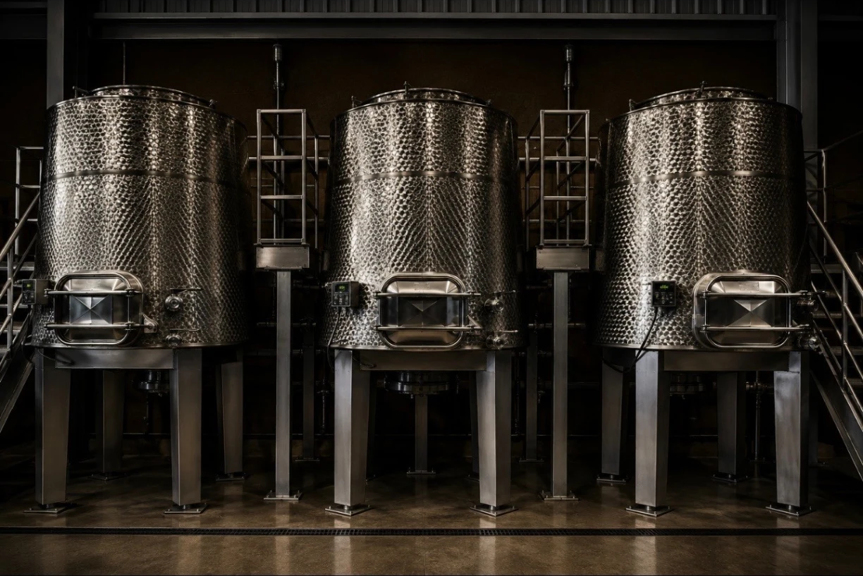 Stainless fermentation vessels in the Ninth Acre cellar